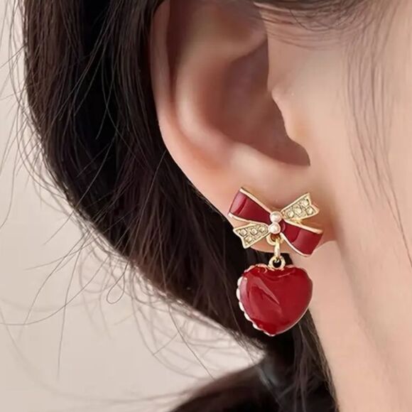 Red Heart Earrings Gold Rhinestone Bow Pearl Valentine's Dangle Pierced Jewelry - Picture 2 of 4